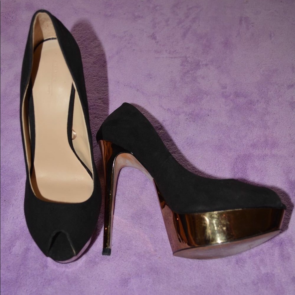 Zara Black and Gold Suede Platform Heels